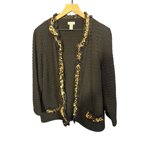 Chicos Black Open-Front Cardigan With Gold Ruffle Trim Size XL Cotton Blend - Picture 1 of 4